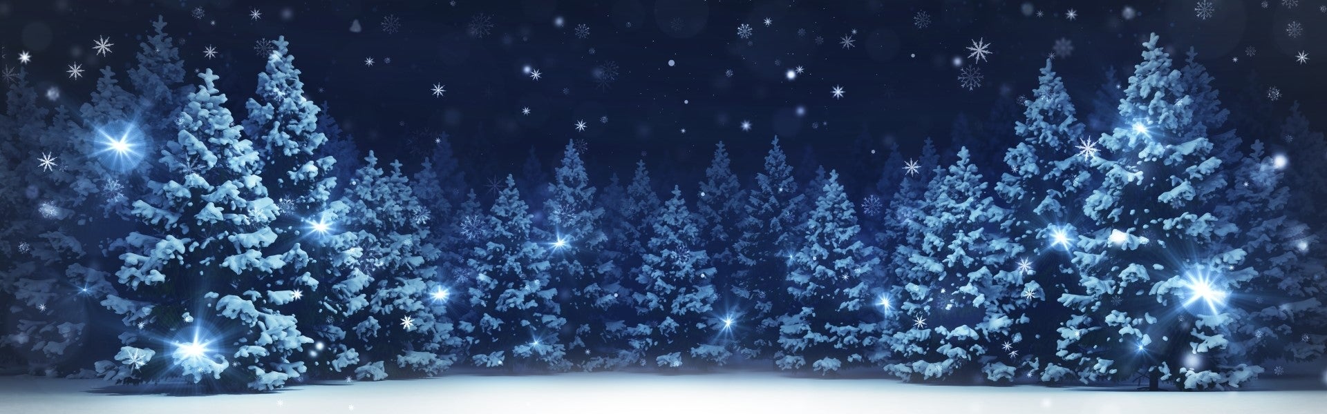 Snowy forest at night with twinkling lights on snow-covered pine trees and falling snowflakes.